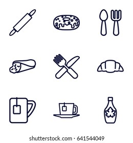 Set of 9 breakfast outline icons such as fork and spoon, wrap sandwich, donut, maple syrup, croissant, fork and knife, tea cup, tea