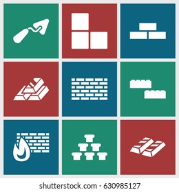 set of 9 brick filled icons such as trowel, gold bar, building block