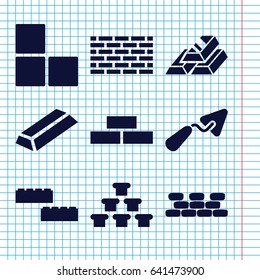 Set of 9 brick filled icons such as brick wall, gold, trowel, gold bar