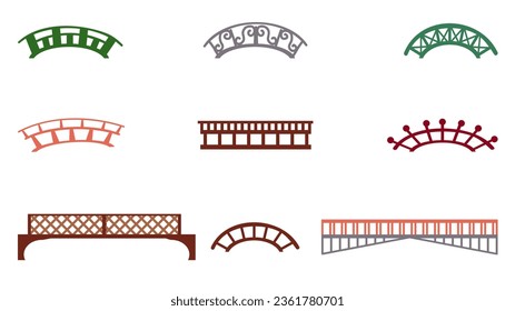 Set of 9 bridge icons for a city park and an oriental garden, elements of urban infrastructure, illustrations in a flat cartoon style.