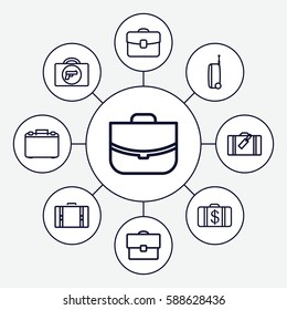 Set of 9 briefcase outline icons such as luggage, briefcase with weapon, Money case, case