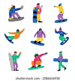 A set of 9 bright characters of snowboarders while skiing, while relaxing with a cup of coffee and takes a selfie. Vector illustration.