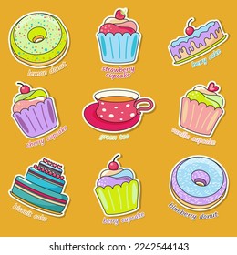 Set of 9 bright colored stickers with traditional sweet desserts and inscriptions on a yellow background