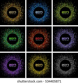 Set of  9 Bright Colorful New Year 2017 circle frame Backgrounds. Transparent confetti circles new year frames. Collection of Light shining circle backgrounds. Vector illustration backgrounds