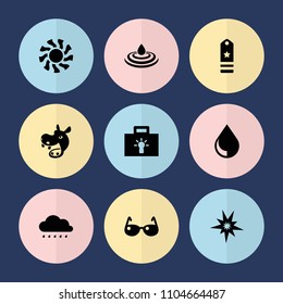 Set of 9 bright filled icons such as drop, sunglasses, rank, explode, bulb, sun, hippopotamus