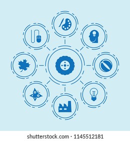 Set of 9 bright filled icons such as factory, tire, acer leaf, bulb, idea, paint, mouse, beach ball