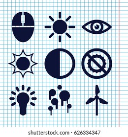 Set of 9 bright filled icons such as no brightness, mouse, brightness, light bulb, eye, sun, blood
