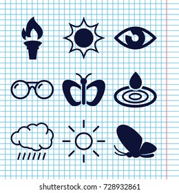 Set of 9 bright filled and outline icons such as butterfly, water drop, torch, eye, sun