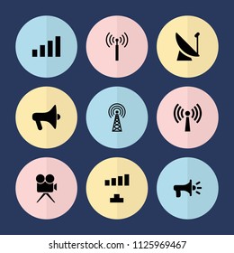 Set of 9 broadcast filled icons such as signal tower, signal, satellite, megaphone