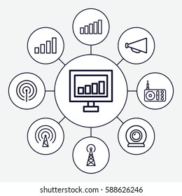 Set of 9 broadcast outline icons such as signal tower, signal, megaphone, radio