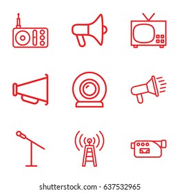 set of 9 broadcast outline icons such as radio, camera, web camera, megaphone, transmitter, tv