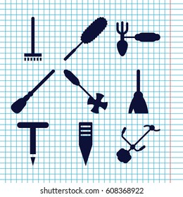 Set of 9 broom filled icons such as broom, mop, dust brush