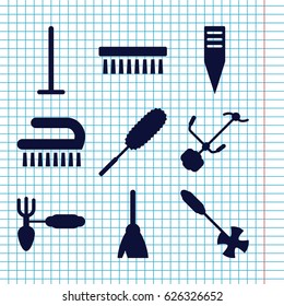 Set of 9 broom filled icons such as broom, mop, dust brush, clean brush