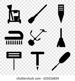 set of 9 broom filled icons such as cleaning tools, broom, mop, dust brush, clean brush
