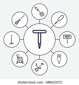 Set of 9 broom outline icons such as cleaning tools, broom, mop, dust brush