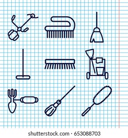 Set of 9 broom outline icons such as cleaning tools, broom, mop, dust brush, clean brush