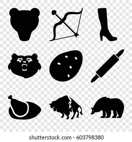 Set of 9 brown filled icons such as potato, bear, buffalo, woman boot, bow, chicken