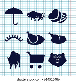 Set of 9 brown filled icons such as bear, buffalo, eyelashes, sweet box, chicken, shopping cart