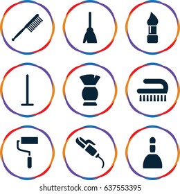 set of 9 brush filled icons such as spa bag, brush, hair curler, broom, mop