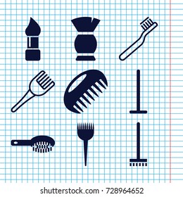 Set of 9 brush filled and outline icons such as comb, barber brush, hair brush, mop