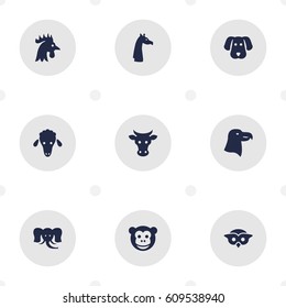 Set Of 9 Brute Icons Set.Collection Of Camelopard, Bishop, Rooster And Other Elements.