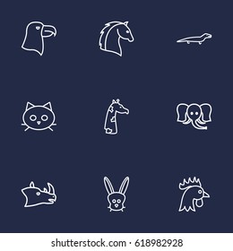 Set Of 9 Brute Outline Icons Set.Collection Of Horse, Eagle, Giraffe And Other Elements.
