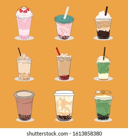 Set of 9 bubble tea cup, Vector
