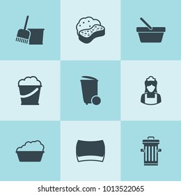 Set of 9 bucket filled icons such as trash bin, bucket and broom, sponge, basin