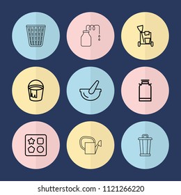 Set of 9 bucket outline icons such as canister, from toy for beach, cleaning tools, bucket, trash bin