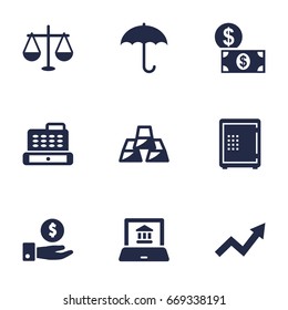 Set Of 9 Budget Icons Set.Collection Of Ingot, Umbrella, Balance And Other Elements.
