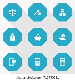 Set Of 9 Budget Icons Set.Collection Of Sack, Terminal, Online Banking And Other Elements.
