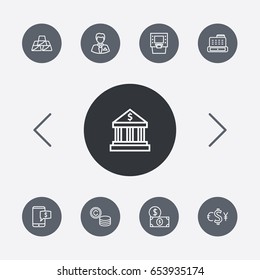Set Of 9 Budget Outline Icons Set.Collection Of Golden Bars, Cash Register, Dollar And Other Elements.