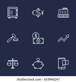 Set Of 9 Budget Outline Icons Set.Collection Of Cash Register, Auction, Justice And Other Elements.