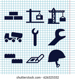 Set of 9 build filled icons such as plan, construction crane, brick wall, concrete mixer, helmet, wrench, construction  crane