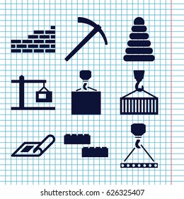 Set of 9 build filled icons such as plan, pyramid, hook with cargo, cargo on hook, construction  crane, hammer, brick wall