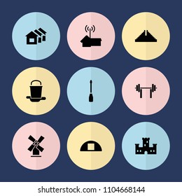 Set of 9 building filled icons such as chichen itza, castle, cargo barn, home signal, mill, house, screwdriver, paint bucket