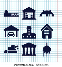 Set of 9 building filled icons such as building, mosque, court, castle, excavator, cargo barn, barn, avenue