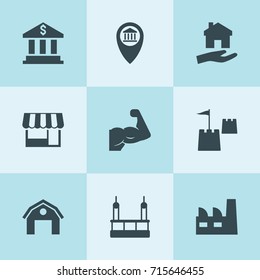Set of 9 building filled icons such as factory, hangar, bank, skycrapers cleaning, house clean, bank location, store, castle