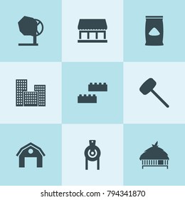Set of 9 building filled icons such as hangar, building, cement bag, concrete mixer, rubber hummer, shop