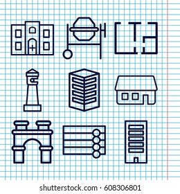 Set of 9 building outline icons such as wooden wall, lighthouse, building, arch, concrete mixer