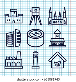 Set of 9 building outline icons such as castle, lighthouse, business center, theodolite, factory, hospital