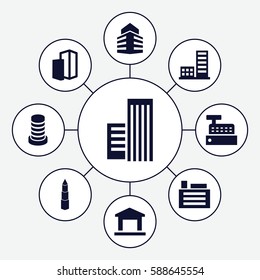 Set of 9 buildings filled icons such as 