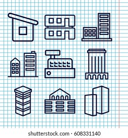 Set of 9 buildings outline icons such as house builidng, builidng