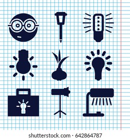 Set of 9 bulb filled icons such as onion, nerd emoji, street lamp, studio lapm, camera bulb