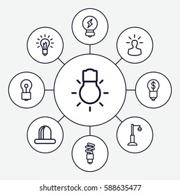 Set of 9 bulb outline icons such as bulb, street lamp, siren