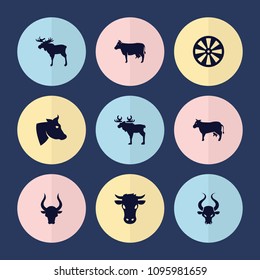 Set of 9 bull filled icons such as cow, moose, bull