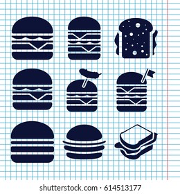 Set of 9 bun filled icons such as burger, sandwich, double burger with flag