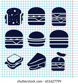 Set of 9 bun filled icons such as burger, sandwich, burger with sausage, cheeseburger