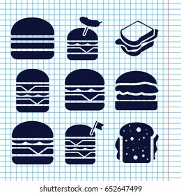 Set of 9 bun filled icons such as sandwich, double burger with flag, burger with sausage