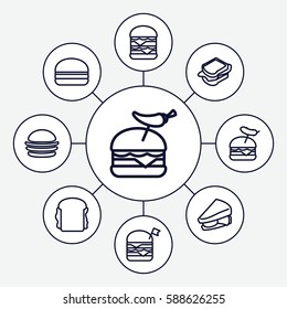 Set of 9 bun outline icons such as burger, sandwich